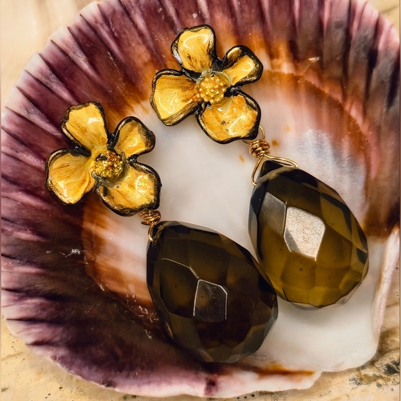 smokey quartz Jewelry - Handpainted Brown Flowers & Smoky Quartz In Chunky Artisan Gold Plated Earrings